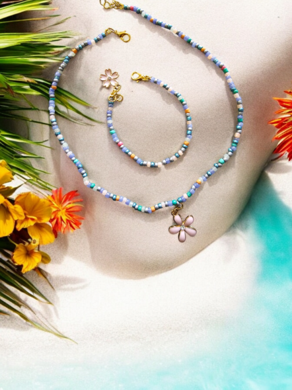 Colorful Necklace and Bracelet set with Pink flower charms