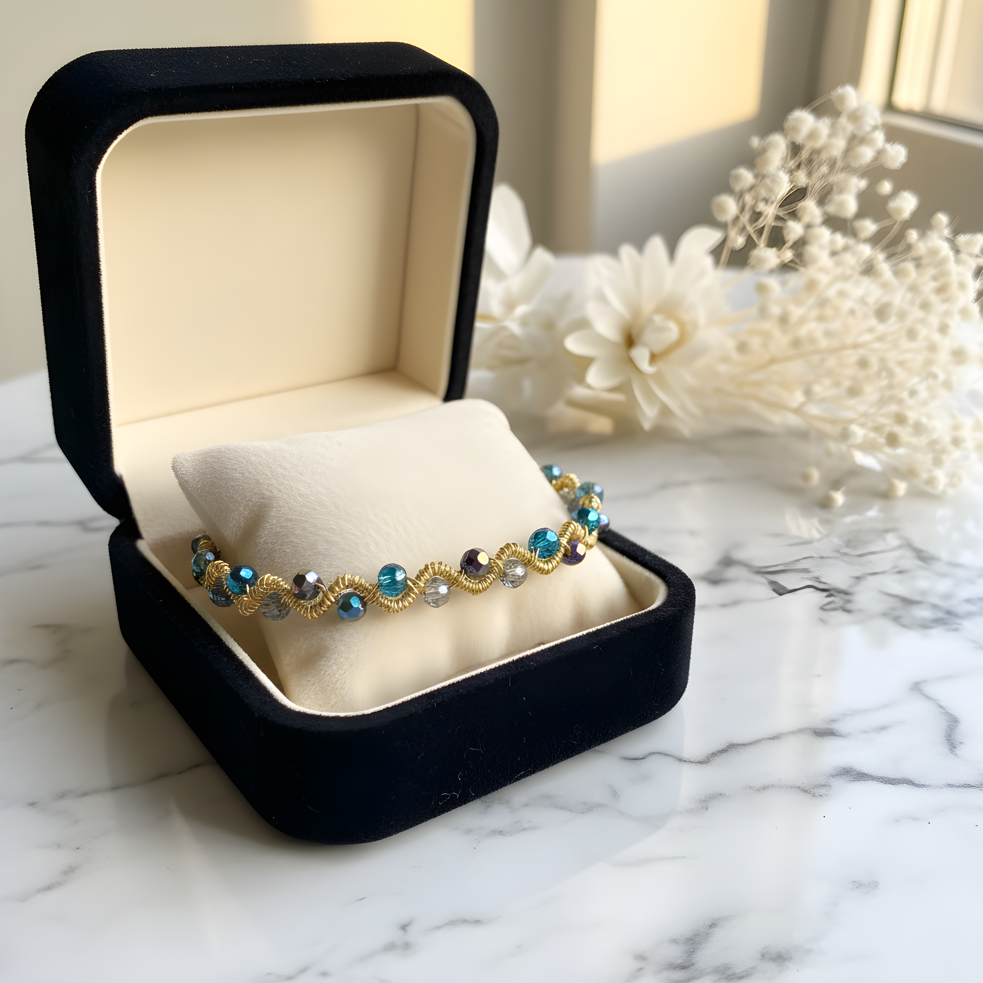 Bent Wire Bracelet with Mulit colored glasas beads